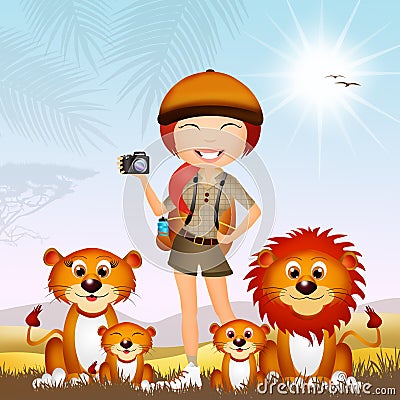 Girl photographing lions Stock Photo