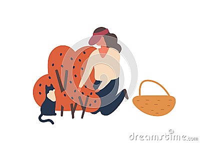 Girl picking forest berries flat vector illustration. Woman gathering blueberries harvest isolated design element Vector Illustration