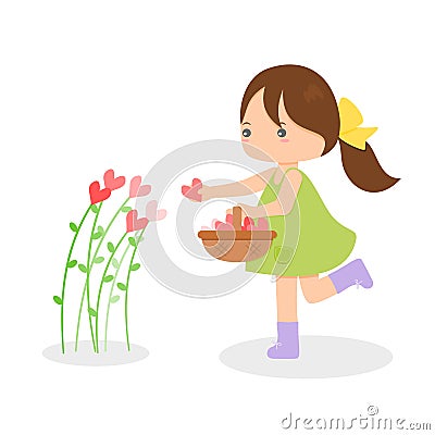 Girl Picking Heart Flowers Vector Illustration