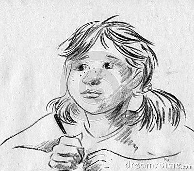 Girl with pigtails sketch Stock Photo