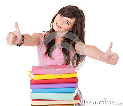 Girl with pile book showing thumb up. Stock Photo