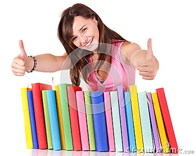 Girl with pile book showing thumb up. Stock Photo
