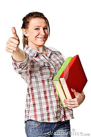 Girl with pile book showing thumb up Stock Photo