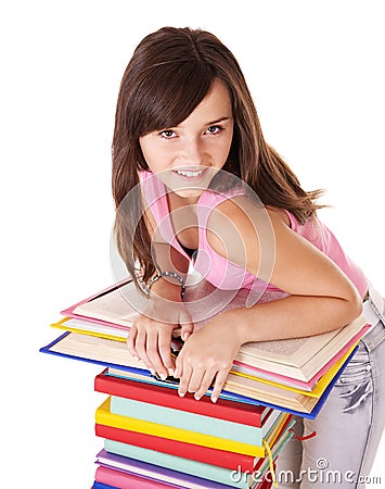 Girl with pile colored book . Stock Photo