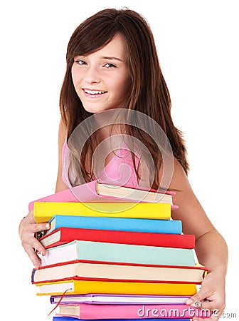 Girl with pile colored book . Stock Photo