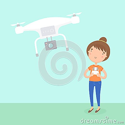 Girl piloted a drone. Vector Illustration