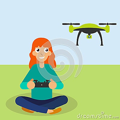 Girl piloted flying drone Vector Illustration