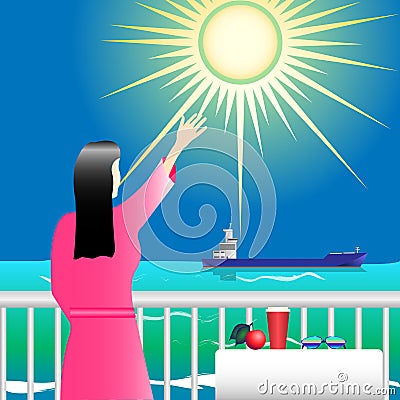 Girl in pink on the balcony waving a ship in the sea under the bright sun Vector Illustration