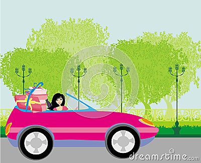 Girl in a pink convertible with gifts Vector Illustration