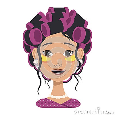 Girl with pink curlers and yellow patches Vector Illustration