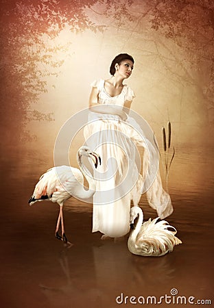 The girl and pink flamingos Stock Photo