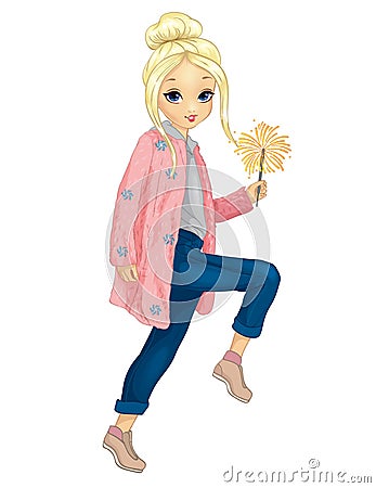 Girl In Pink Fur Holds Sparkler Vector Illustration