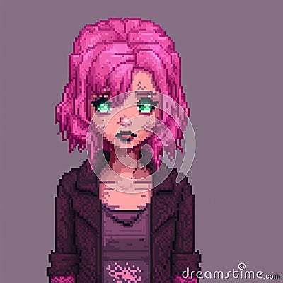 girl with pink hair and dark makeup, gloomy atmosphere, pixel art Stock Photo