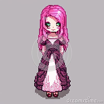 girl with pink hair and dark makeup, pink eyes, long dress, sweet atmosphere, pixel art Stock Photo