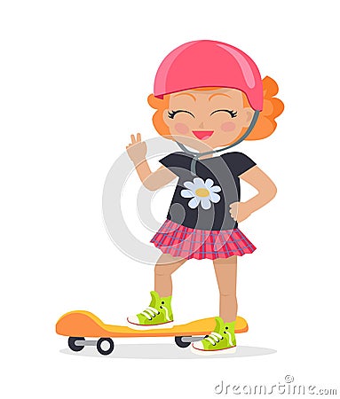 Girl in Pink Helmet and Skirt. Orange Skateboard Vector Illustration