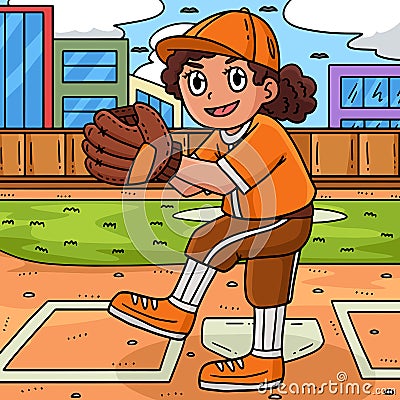 Girl Pitching Baseball Colored Cartoon Vector Illustration