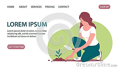 The girl planted a young seedling in the ground Vector Illustration