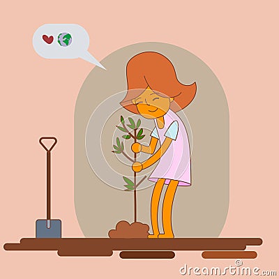 Girl planting new tree, Cartoon Illustration