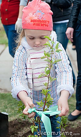 Girl plants tree Editorial Stock Photo