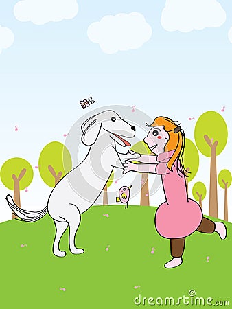 Girl play dog fun Vector Illustration