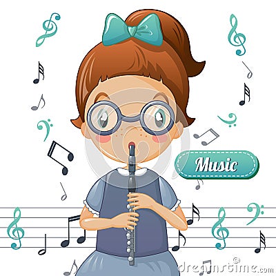 Girl play flute music concept background, cartoon style Vector Illustration