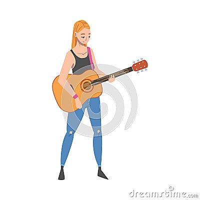 Girl Playing Acoustic Guitar, Female Musician Guitarist Character Performing at Concert Cartoon Style Vector Vector Illustration