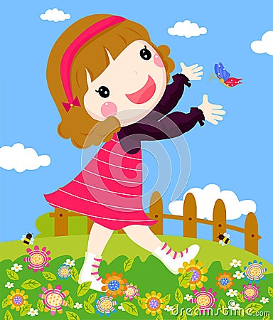 Girl playing butterfly Vector Illustration