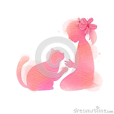 Girl playing with cat silhouette on watercolor background. The concept of trust, friendship and pet care. Digital art painting. Vector Illustration