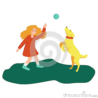 Girl is playing with dog. Doggy is jumping with ball. Colorful bright vector illustration on a white background Cartoon Illustration