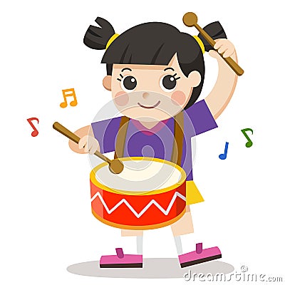 A Girl playing drum on white background. Vector Illustration