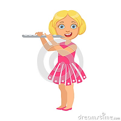 Girl Playing Flute, Kid Performing On Stage, School Showcase Participant With Musical Artistic Talent Vector Illustration