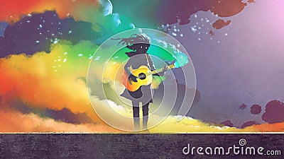 Girl playing the guitar with colorful smoke Cartoon Illustration