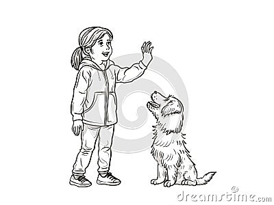 Girl Playing with Her Dog in Outline Style Vector Illustration