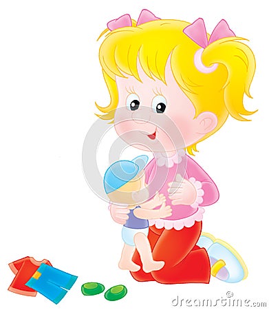 Girl playing with her doll Cartoon Illustration