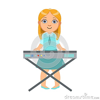 Girl Playing On Keyboard, Kid Performing On Stage, School Showcase Participant With Musical Artistic Talent Vector Illustration