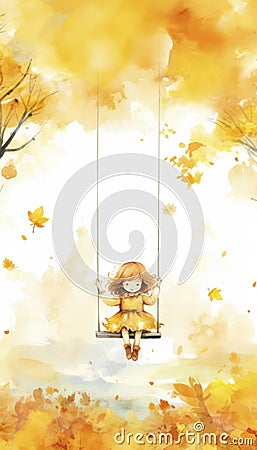 Girl playing outside in the autumn weather in nature with colorful laves in the fall. Generative AI illustrations Cartoon Illustration