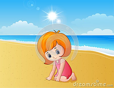 Girl playing a sand at the beach Vector Illustration