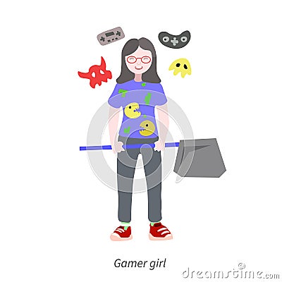 Girl Playing videogames Cartoon Illustration
