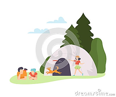 Girl plays with a dog, a man and a woman lie in a clearing at a campsite. Vector illustration. Vector Illustration