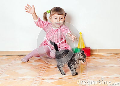 The girl plays with a kitten Stock Photo