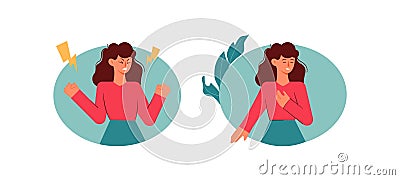 Girl during pms. Female mood swings with menstrual cramps spasms pain calm. Vector Illustration