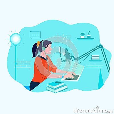 Girl podcast record studio with social media icon flat illustration Vector Illustration