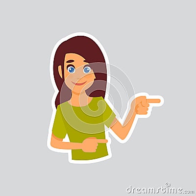 Girl Point Finger Direction Sticker For Messenger, Label Icon Colorful Logo Vector Illustration