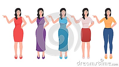 Girl pointing with index finger and other hand on waist flat character vector illustration Vector Illustration