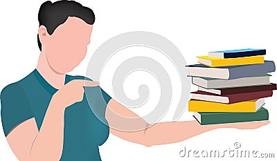 Girl points and holds books Vector Illustration