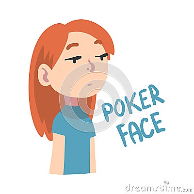 Girl with Poker Face, Child with Imperturbable Facial Expression Cartoon Style Vector Illustration Stock Photo