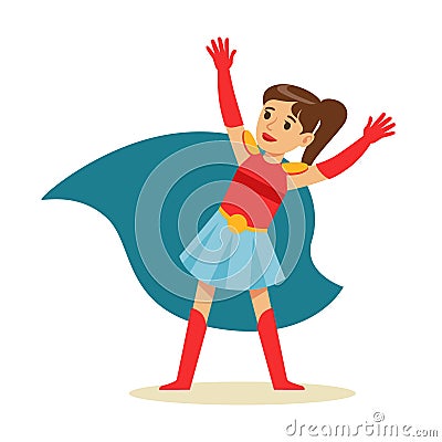 Girl With Ponytail Pretending To Have Super Powers Dressed In Superhero Costume With Blue Cape Smiling Character Vector Illustration