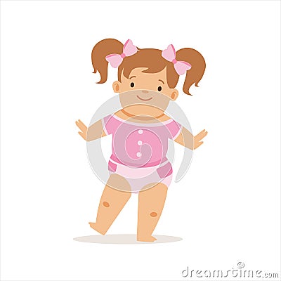 Girl With Ponytails Making First Steps, Adorable Smiling Baby Cartoon Character Every Day Situation Vector Illustration