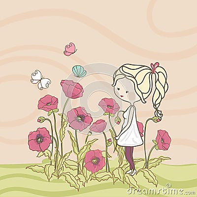 Girl in poppy field Vector Illustration