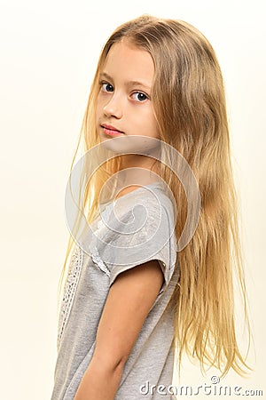 Girl portrait. portrait of pretty small girl. girl portrait isolated on white. portrait of girl with blond hair Stock Photo